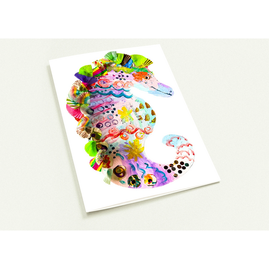 Colorful seahorse illustration on a white card