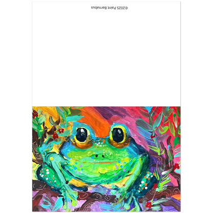Colourful card with painting of a frog with a vibrant background