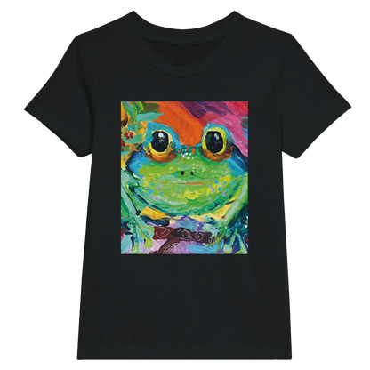 Black t-shirt with a colorful frog graphic on a white background