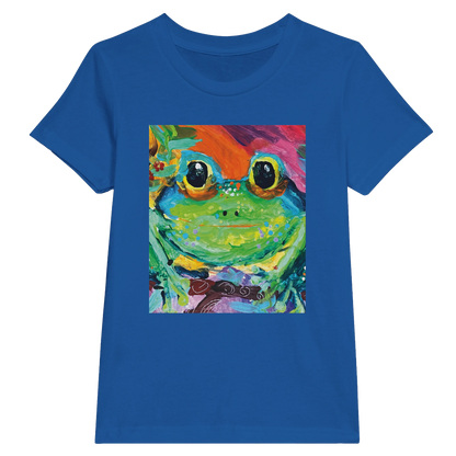 Blue t-shirt with a colorful frog graphic on a white background