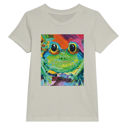 cream shirt with a colourful frog graphic on a white background