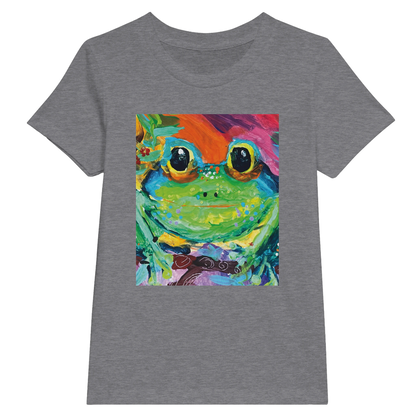 Gray t-shirt with a colorful frog graphic on a white background