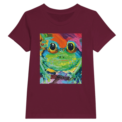 Maroon t-shirt with a colorful frog graphic on a white background