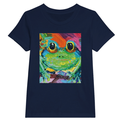 Navy blue t-shirt with a colorful frog graphic on a white background