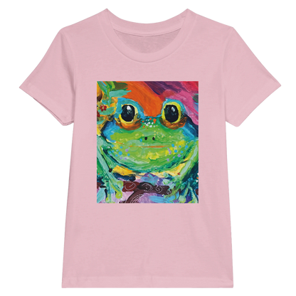 Pink t-shirt with a colorful frog graphic on a white background