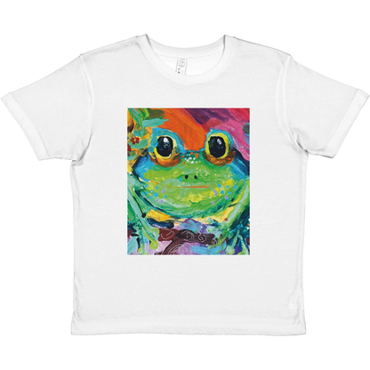 White t-shirt with a colorful frog graphic on a white background