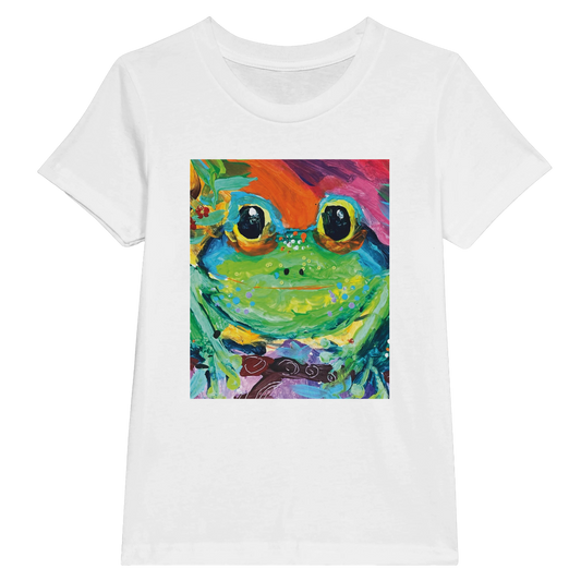 White t-shirt with a colorful frog graphic on a white background