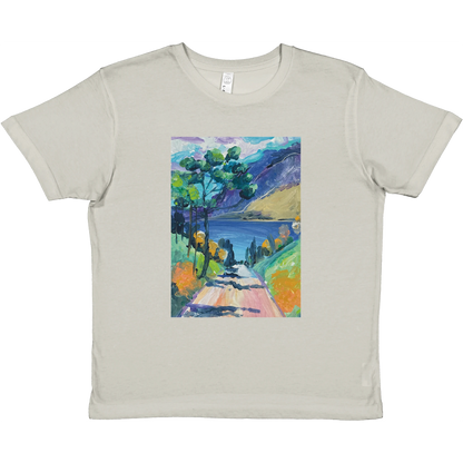 Beige t-shirt with a colorful landscape design on a white background