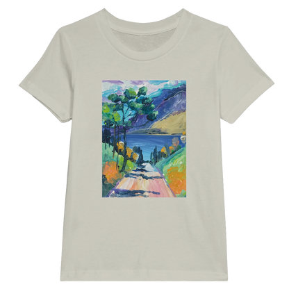 T-shirt with a colorful landscape print on a plain background