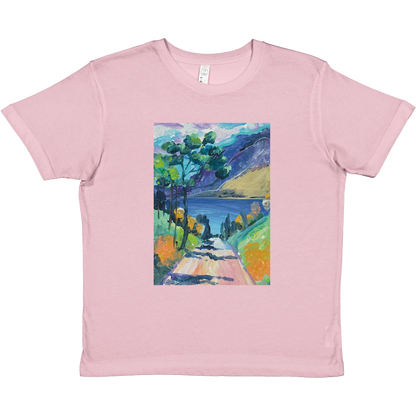 Pink t-shirt with a colorful landscape print on a white background
