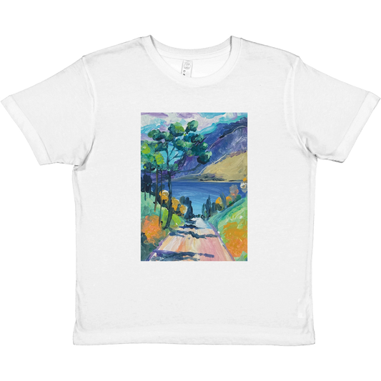 White t-shirt with a colorful landscape design on a white background